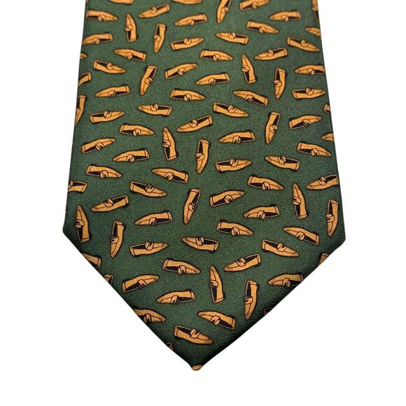 Cole Haan Tie 100% Silk Green Gold Loafer Shoe Print Necktie 3.5” Classic Italy - Picture 1 of 6